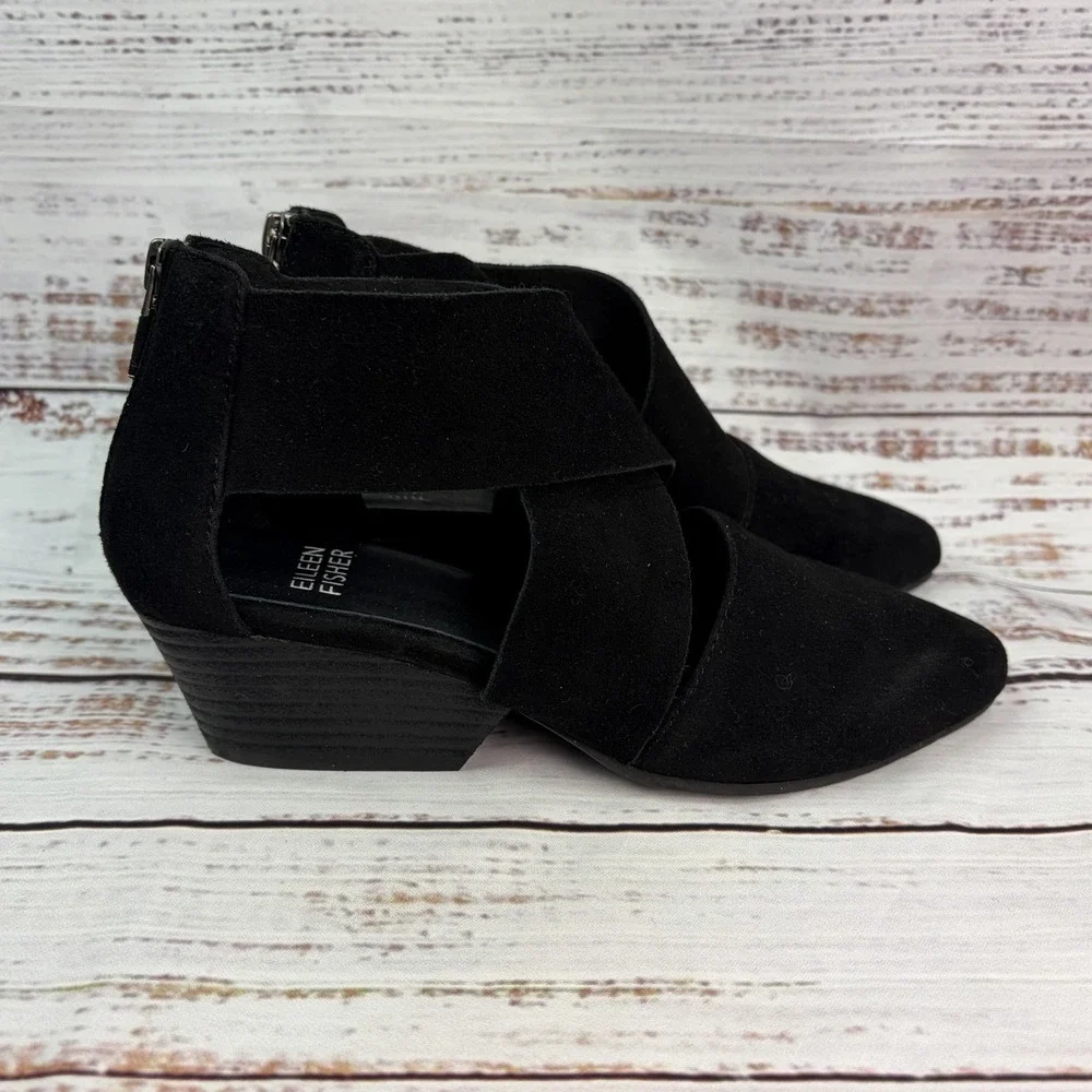 Eileen Fisher Black Suede Vera Pump Wrap Ankle Strap & Zipper Heel Size 5